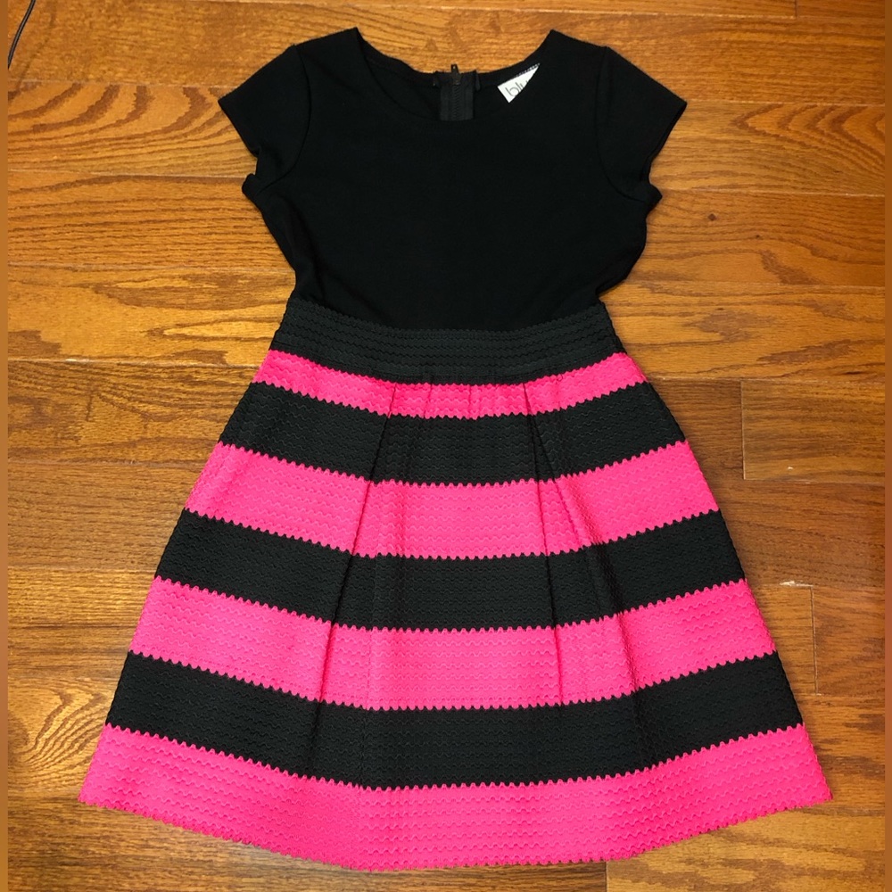 Girls Black and Pink A-Line Dress with Flutter Cap Sleeves Size: 8